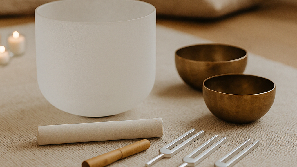 White singing bowl with bronze bowls and tuning forks on a textured surface