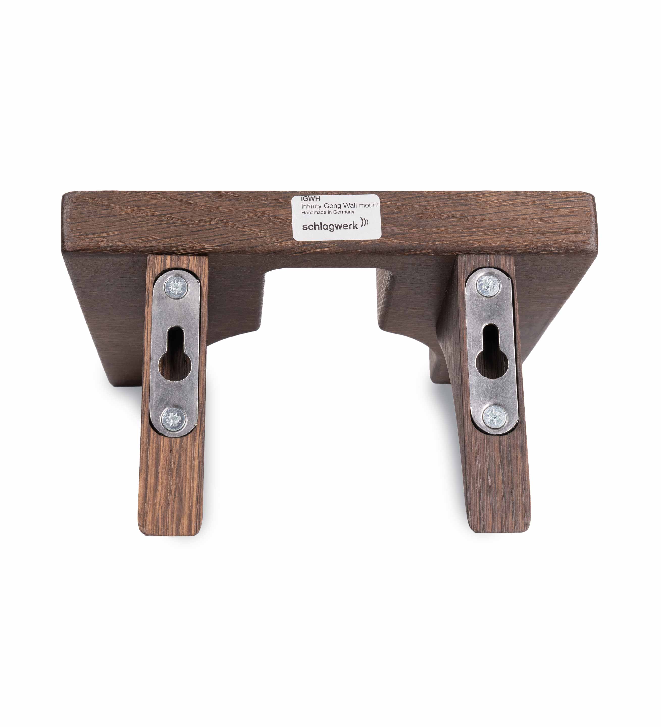 Wooden wall mount bracket for Infinity Gong, back view showing metal brackets and smoked oak wood on white background