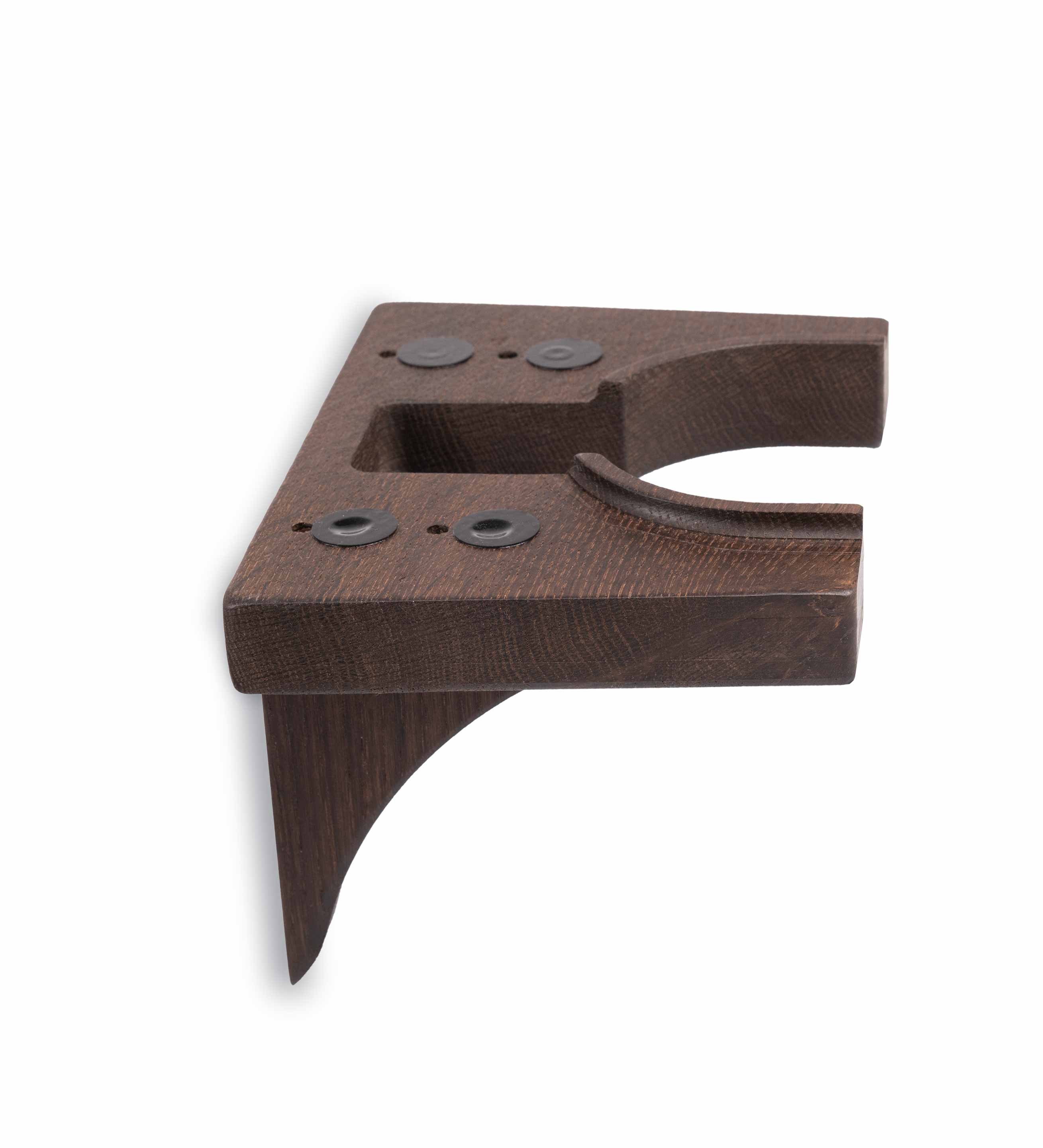 Wooden wall mount bracket for Infinity Gong, smoked oak wood with metal hardware