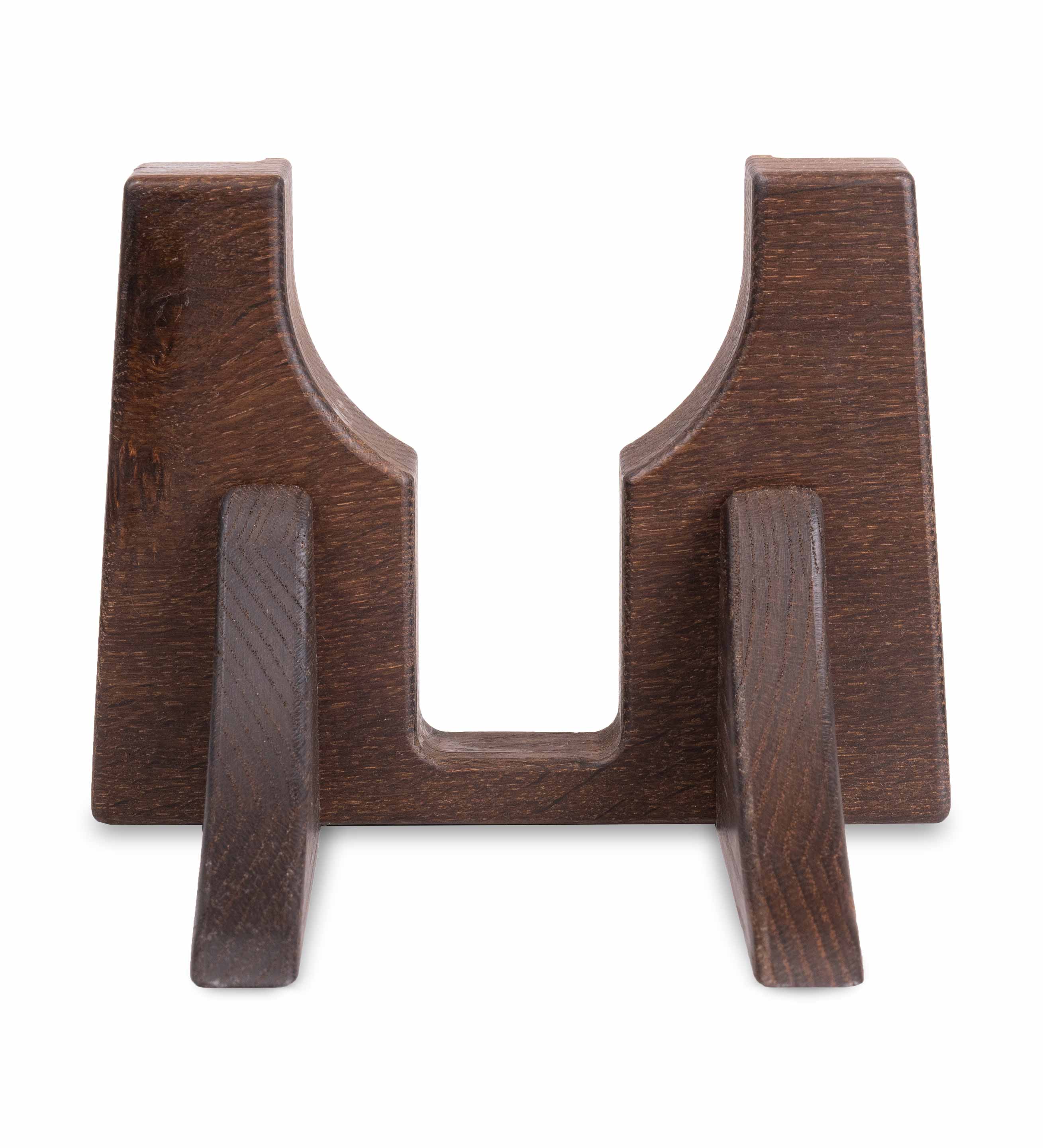 Front view of Infinity Gong wall mount showing curved cut-out and two smoked oak arms on white background