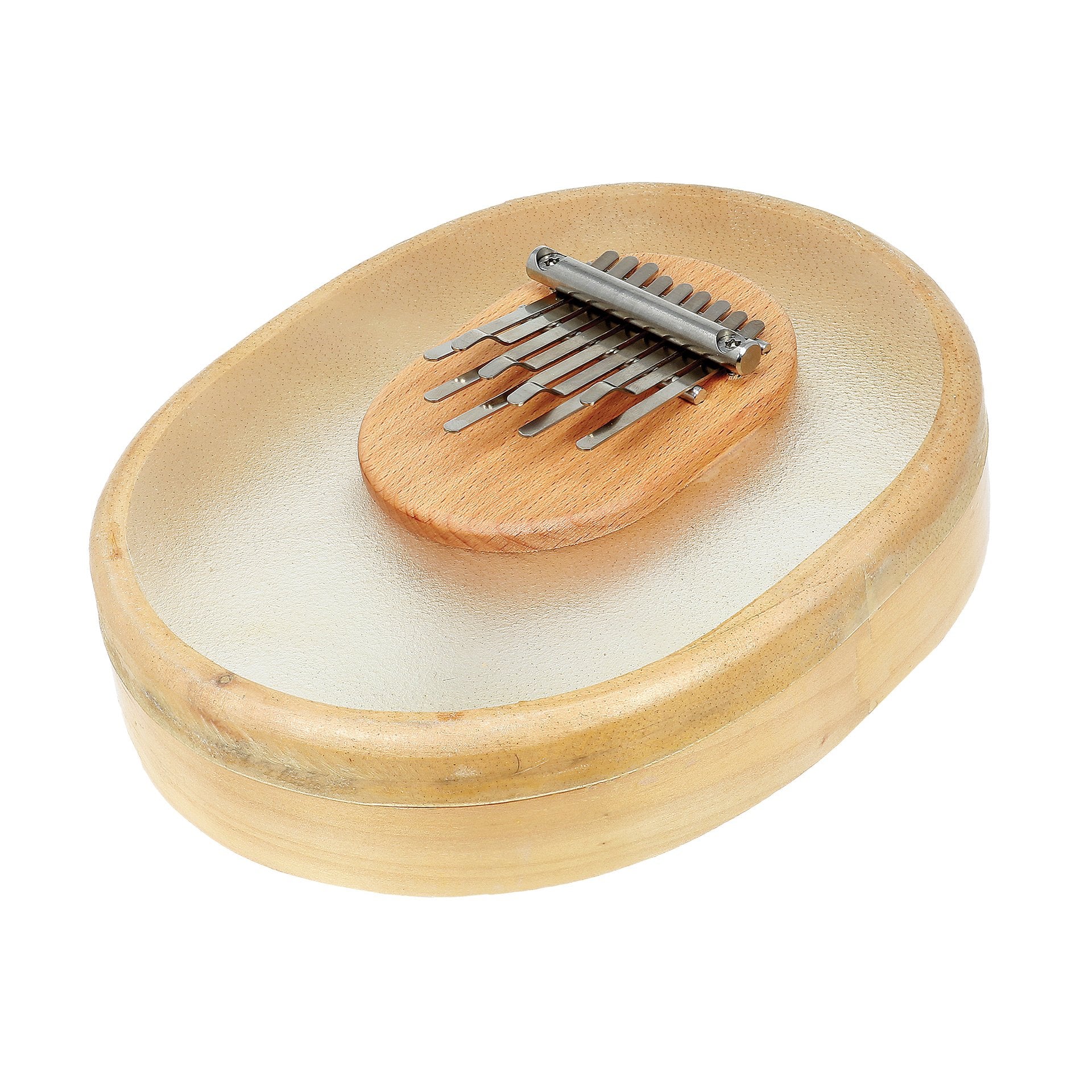 Clear skin kalimba with wooden frame and metal tines, A minor pentatonic, on white background