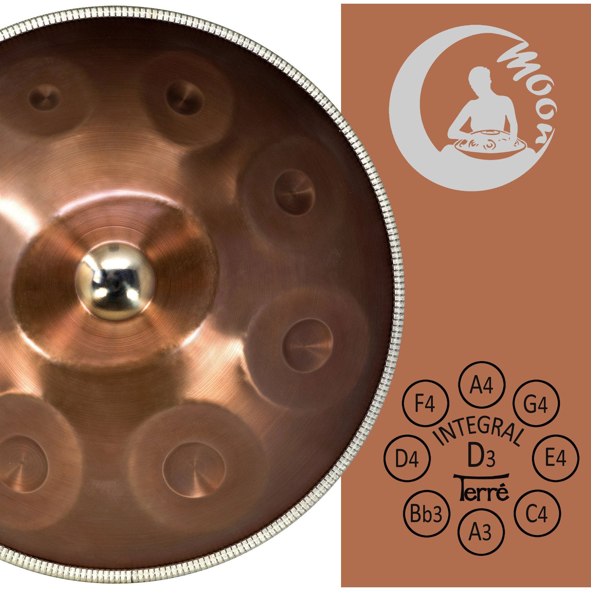 Moon-II handpan D-Integral with copper finish shown from top, with note labels and logo on brown card.