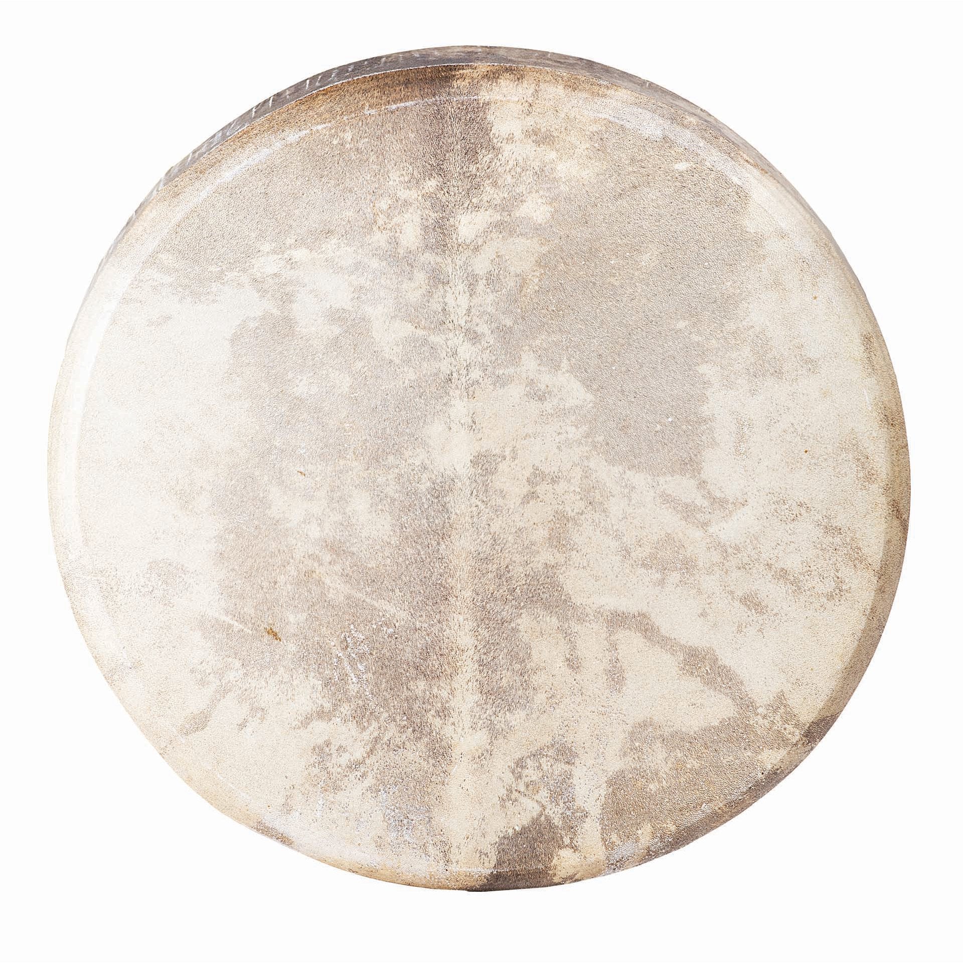 Shaman frame drum with natural goatskin head and wooden frame on white background