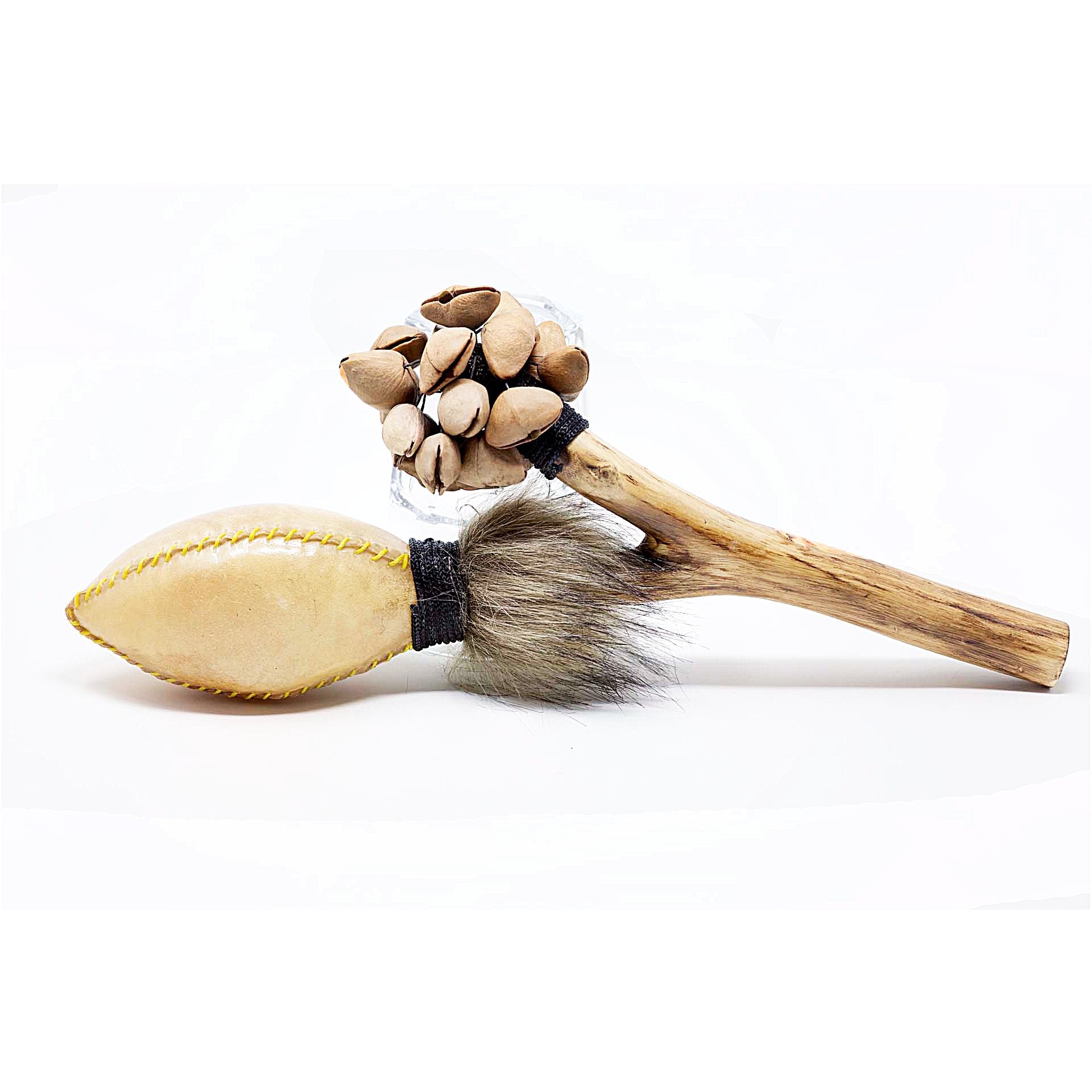 Shaman Shaker – ChaCha (Root Wood Handle, Cowhide & Nuts)