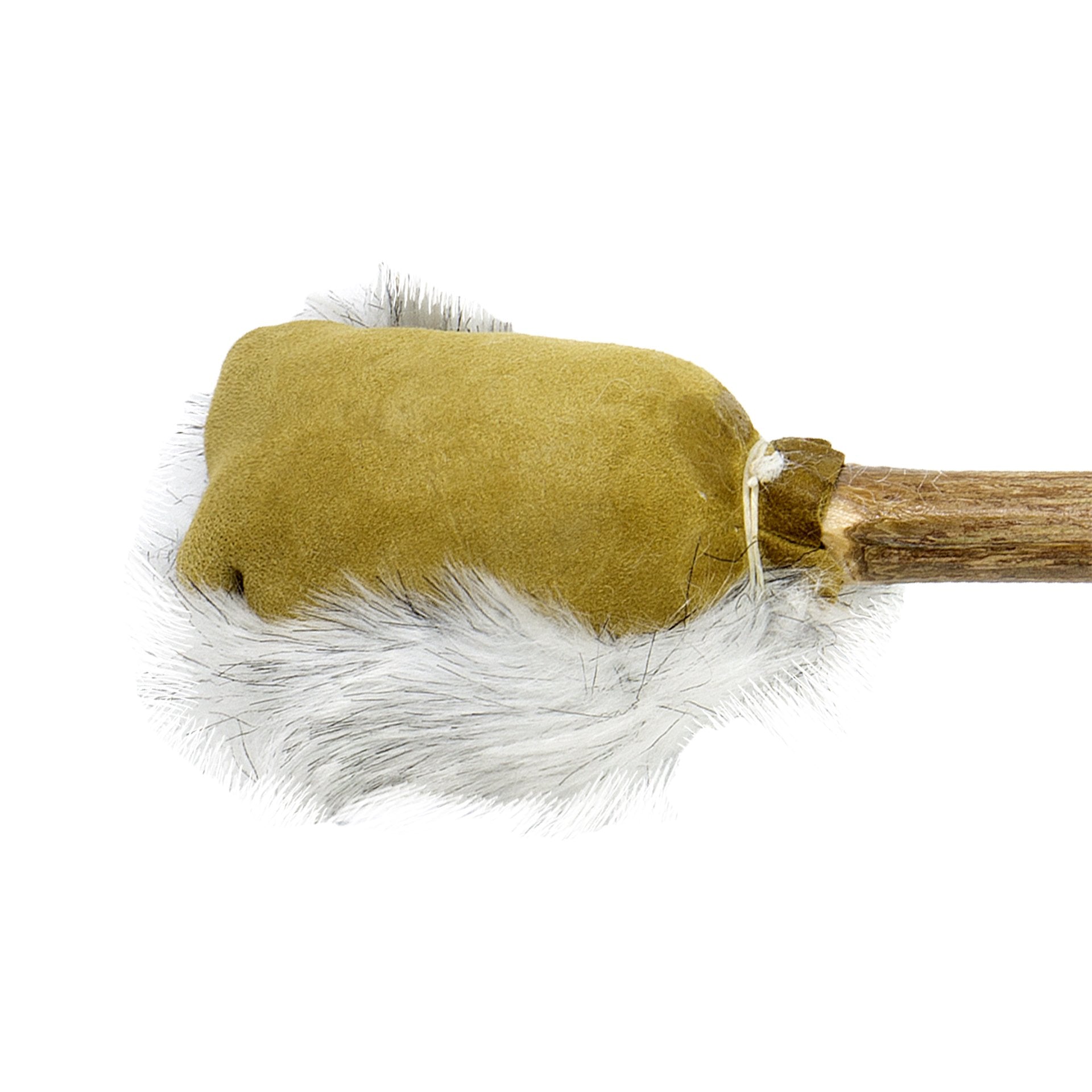 Close-up of shaman drum beater with green cushioned head and white fur on wooden handle, used for shaman drum, on white background
