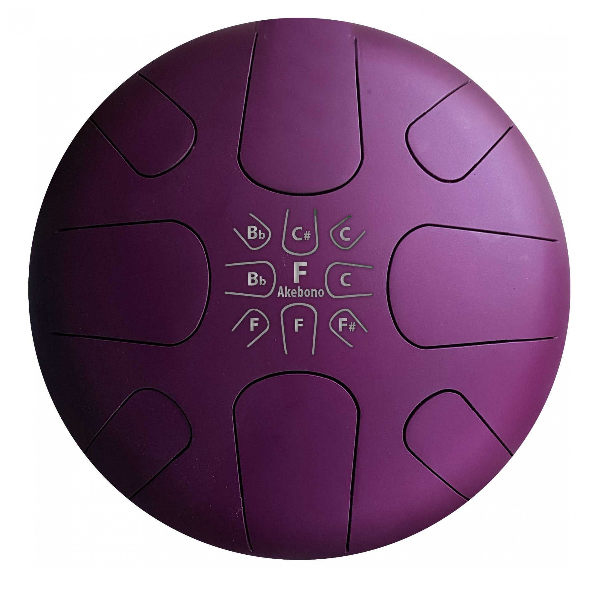 Purple steel tongue drum tuned to the F Akebono scale with note labels on top