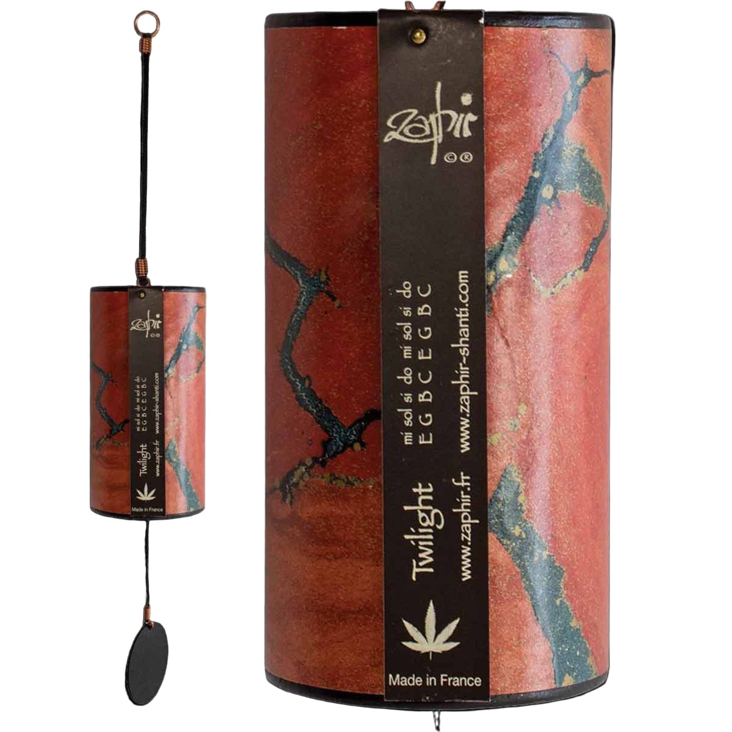 Zaphir Twilight wind chime with red and blue marbled cylinder, metal rods and hanging clapper on a cord