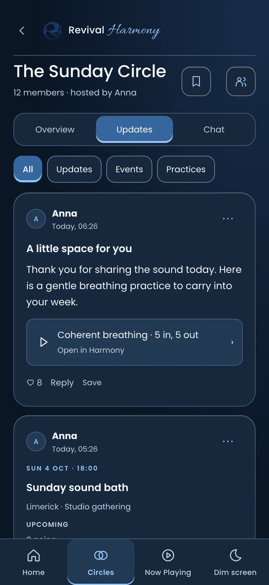 An example private circle, The Sunday Circle, with a shared breathing practice and an upcoming sound bath.