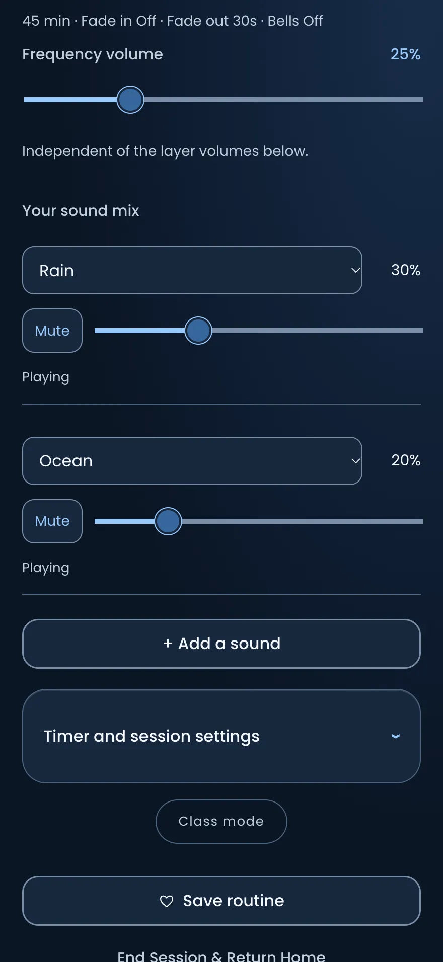 The listening mixer, with a frequency and rain and ocean layers each at their own volume.