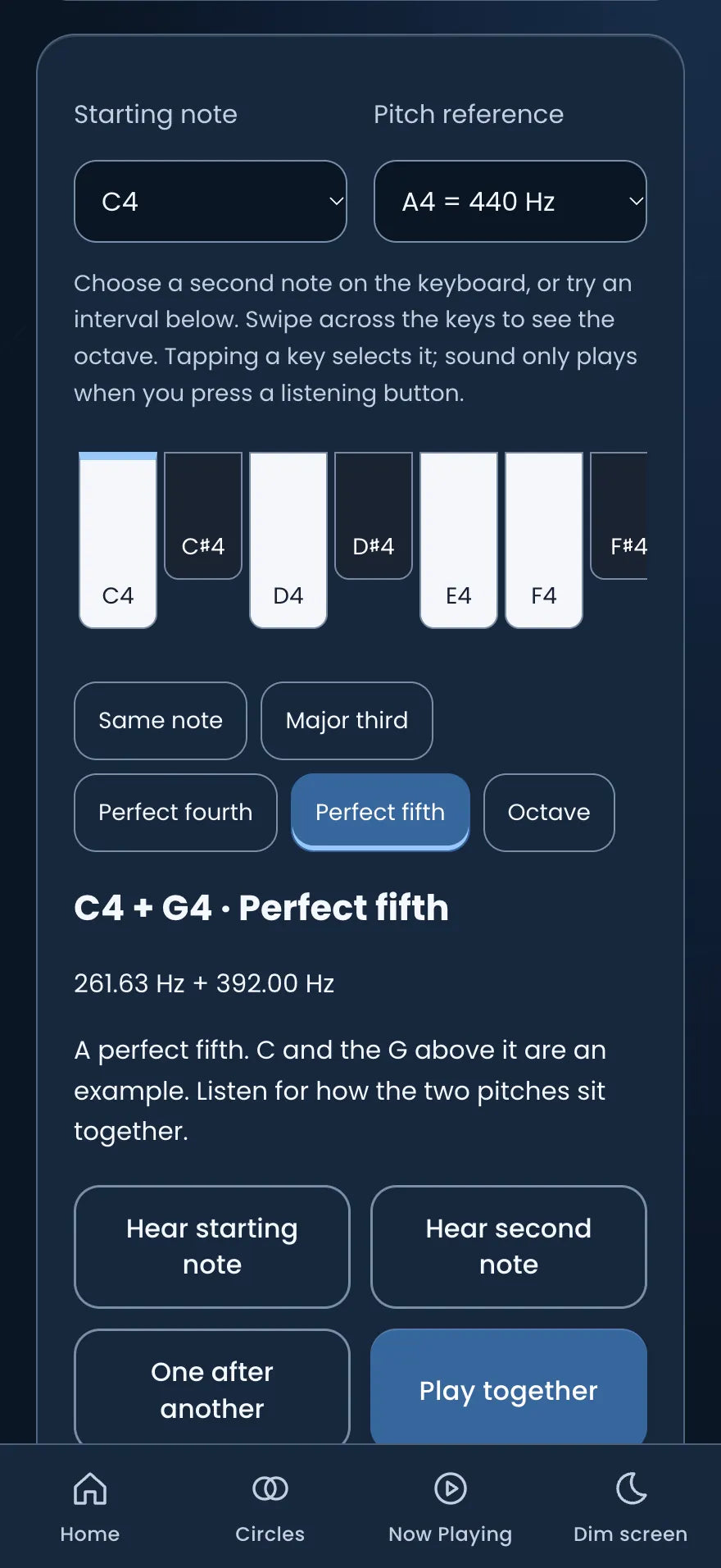 Notes Together comparing C4 and G4, a perfect fifth, with buttons to hear each note or play them together.
