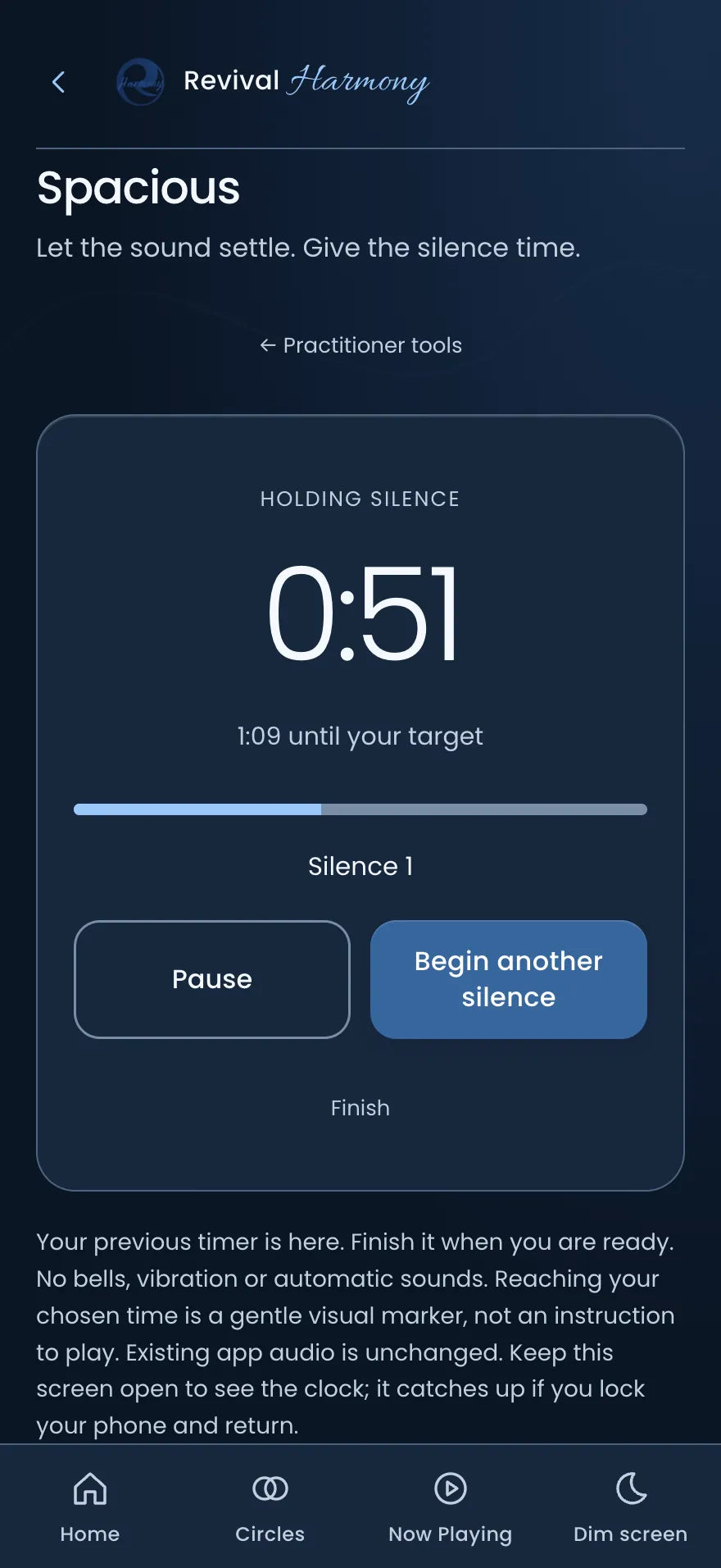 Spacious holding a silence at 0:51, with 1:09 to go until the chosen time.