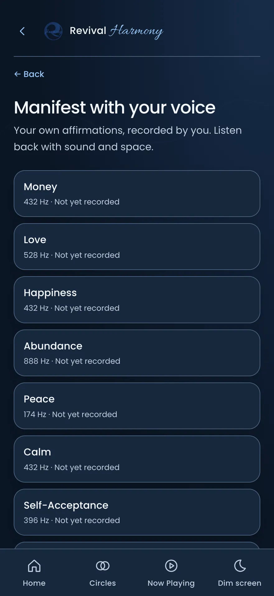 Manifest with your voice: affirmations to record in your own voice, each paired with a frequency.