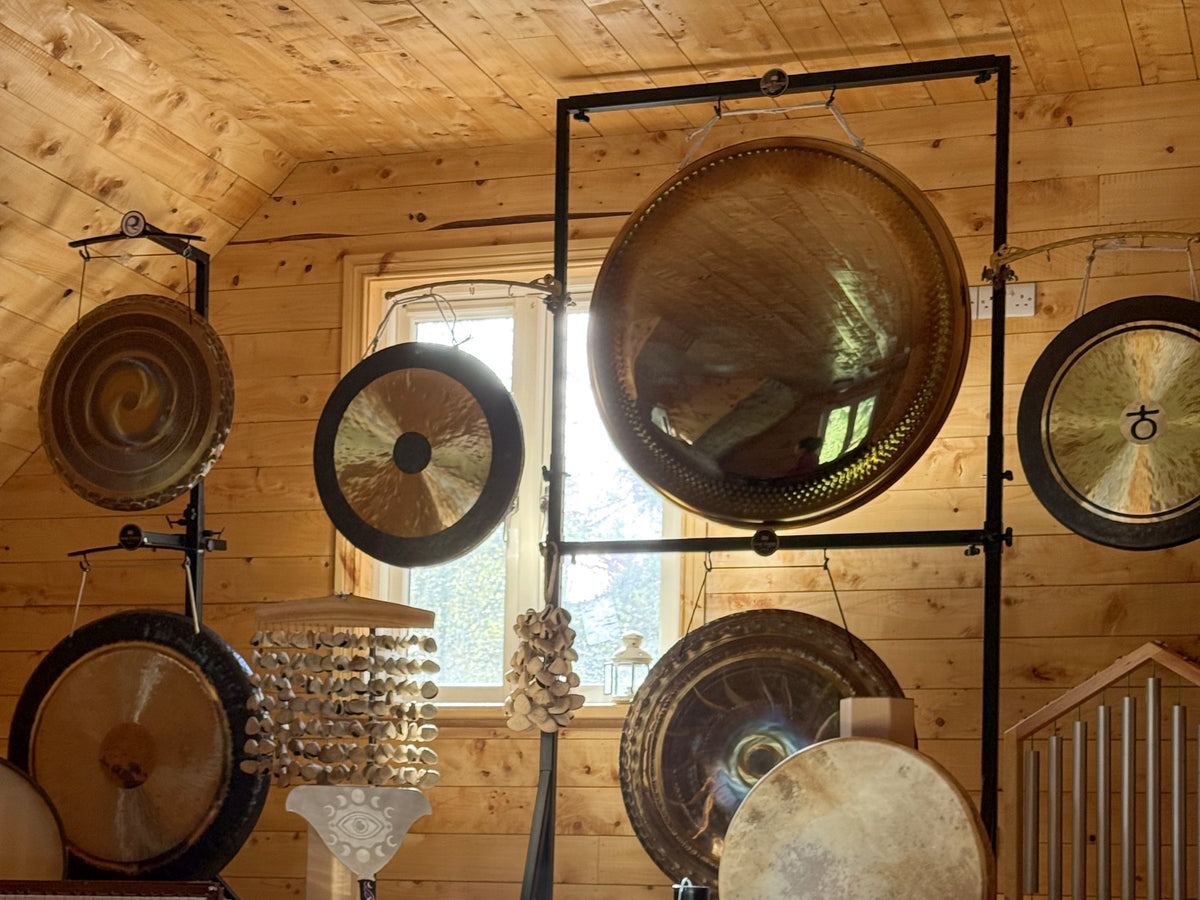 Gongs hanging in front of a window in the wooden training room