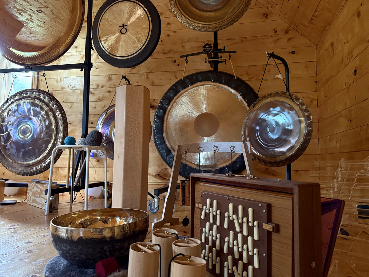 Gongs, a singing bowl and a shruti box in the training loft