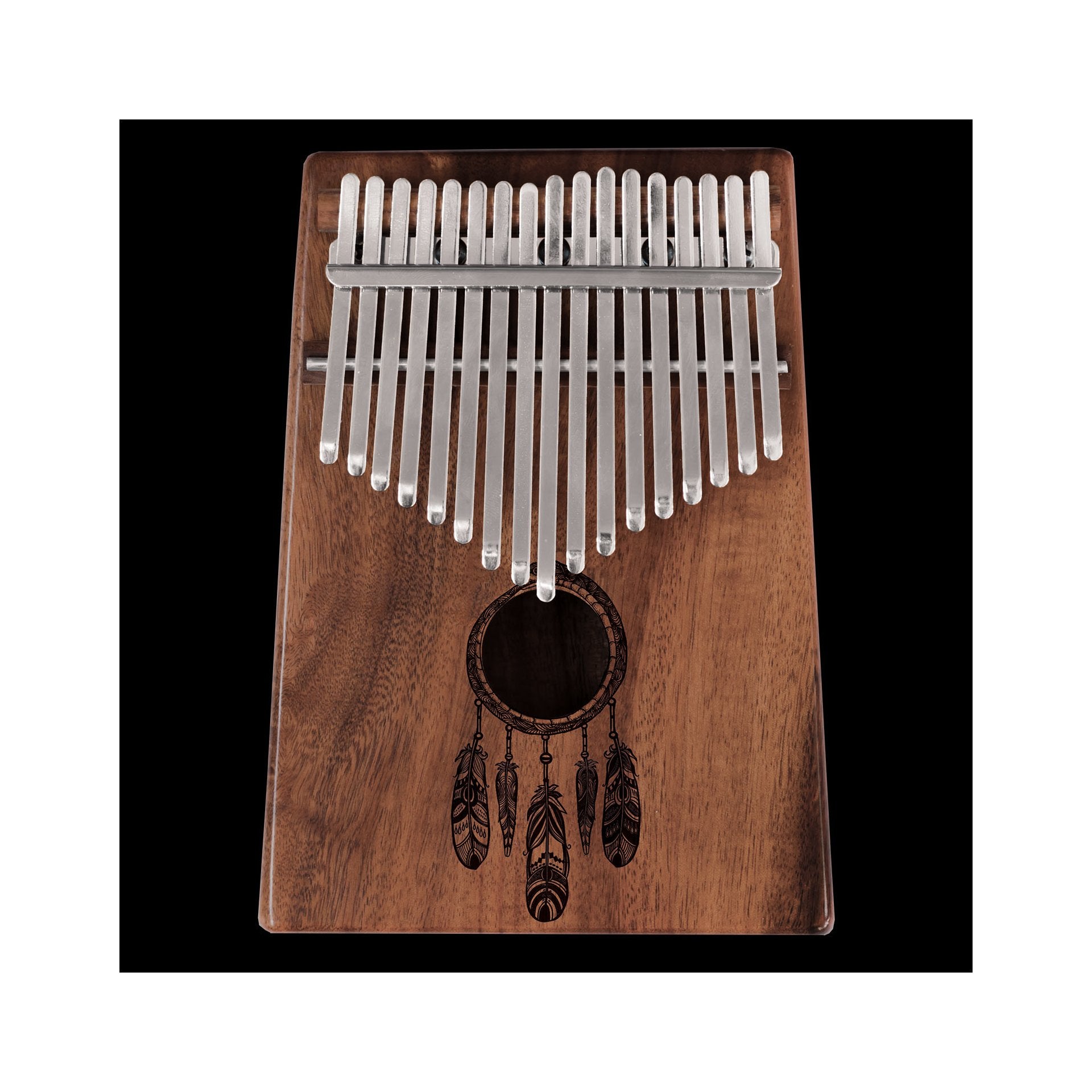 Kalimba Koa 17-key thumb piano made from koa wood with metal tines and carved feather motif on the front