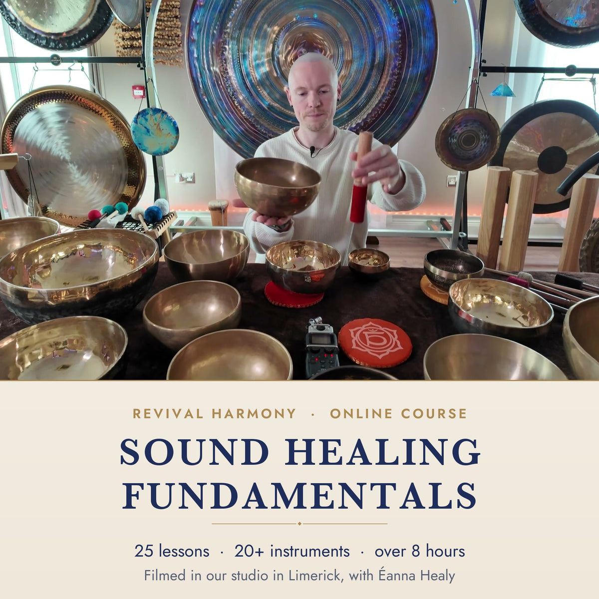 Éanna Healy playing a Tibetan singing bowl in the Revival Harmony studio in Limerick, Sound Healing Fundamentals online course
