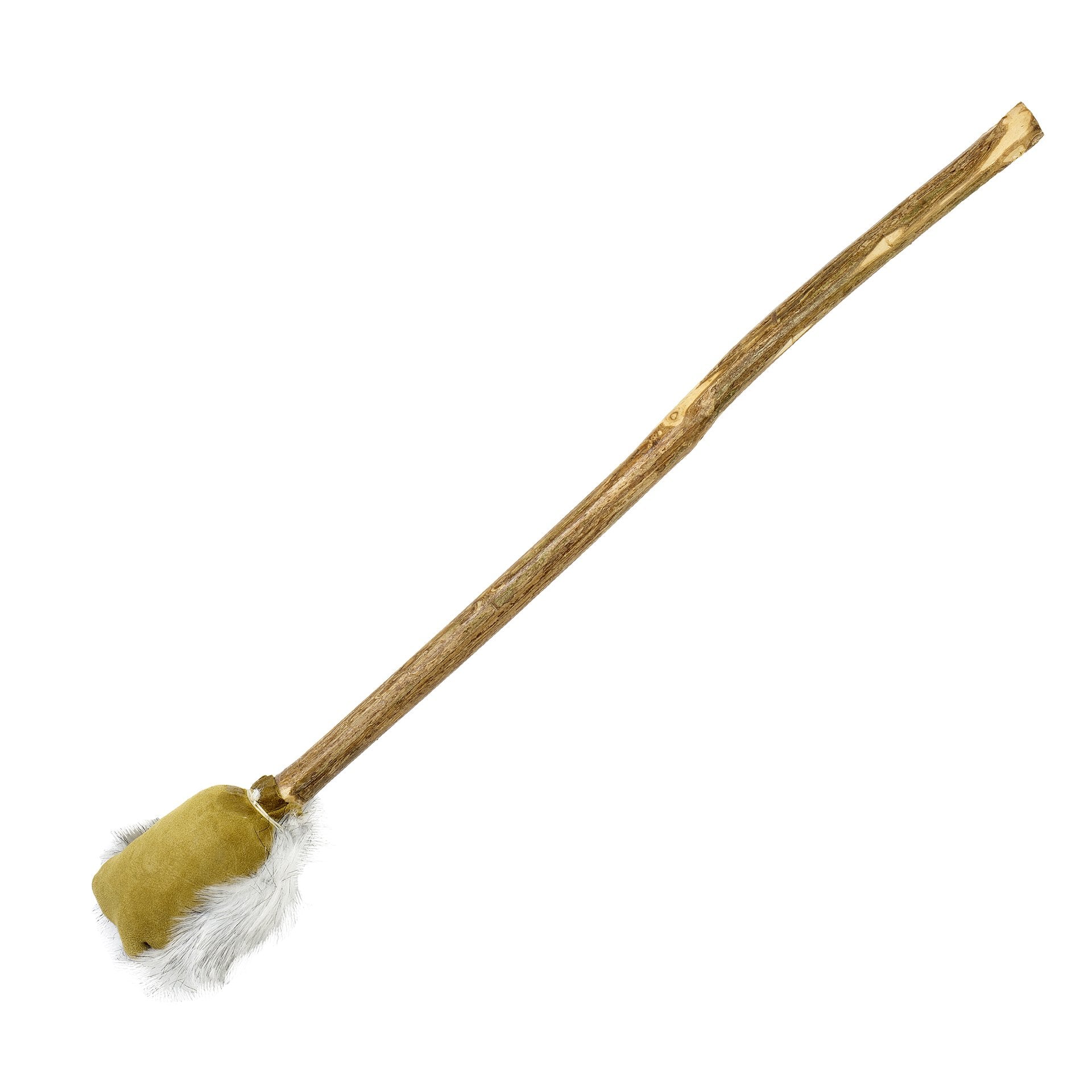 Dual-ended stick with green cushioned head and fluffy white skin head for shaman drum on white background