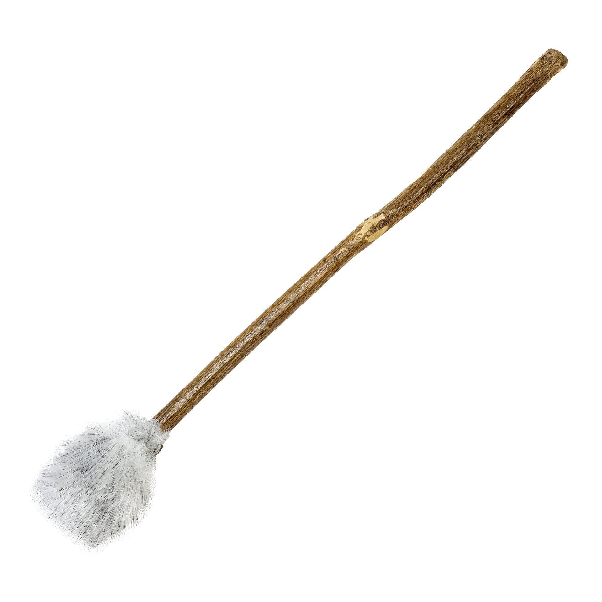 Drumstick with white fluffy goatskin head on wooden stick for shaman drum on white background