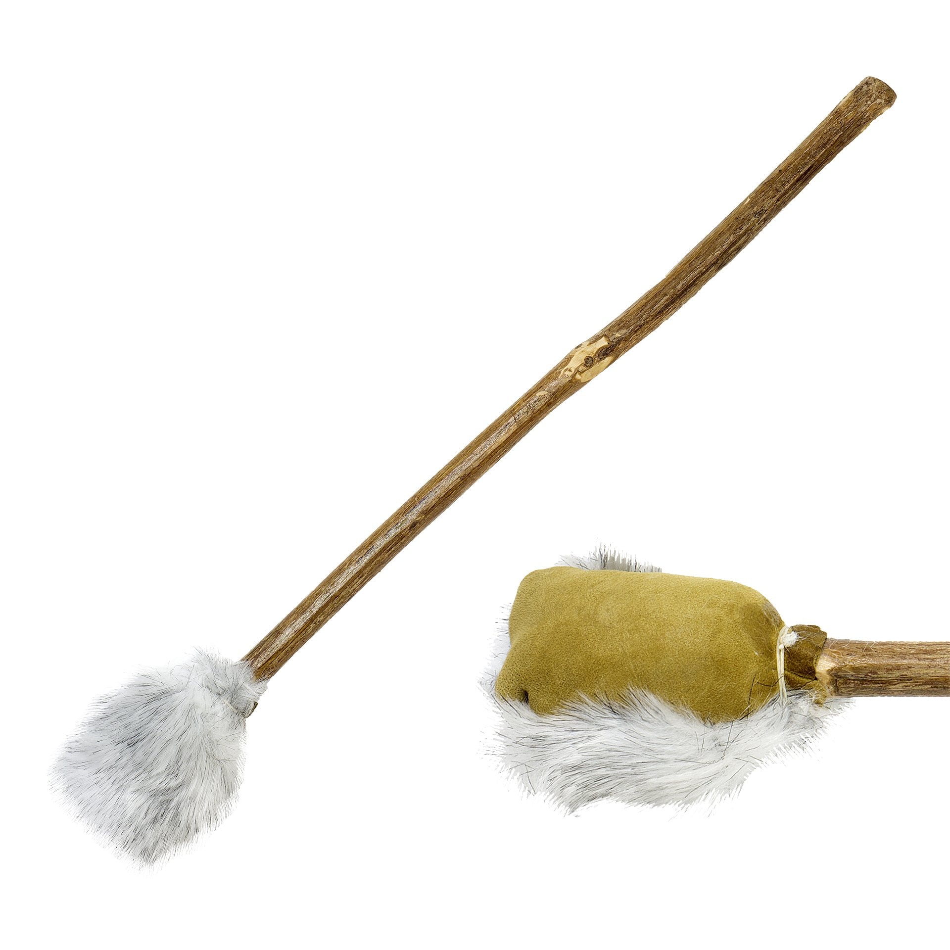 Drumstick with white goatskin head and green leather head on wooden stick, for shaman drum, on white background