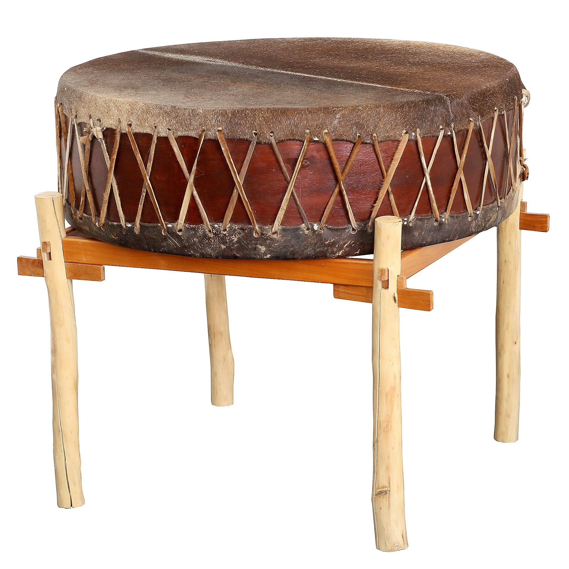 Traditional 100 cm Mother Drum mounted on a wooden stand with rope-laced drumhead and hardwood frame