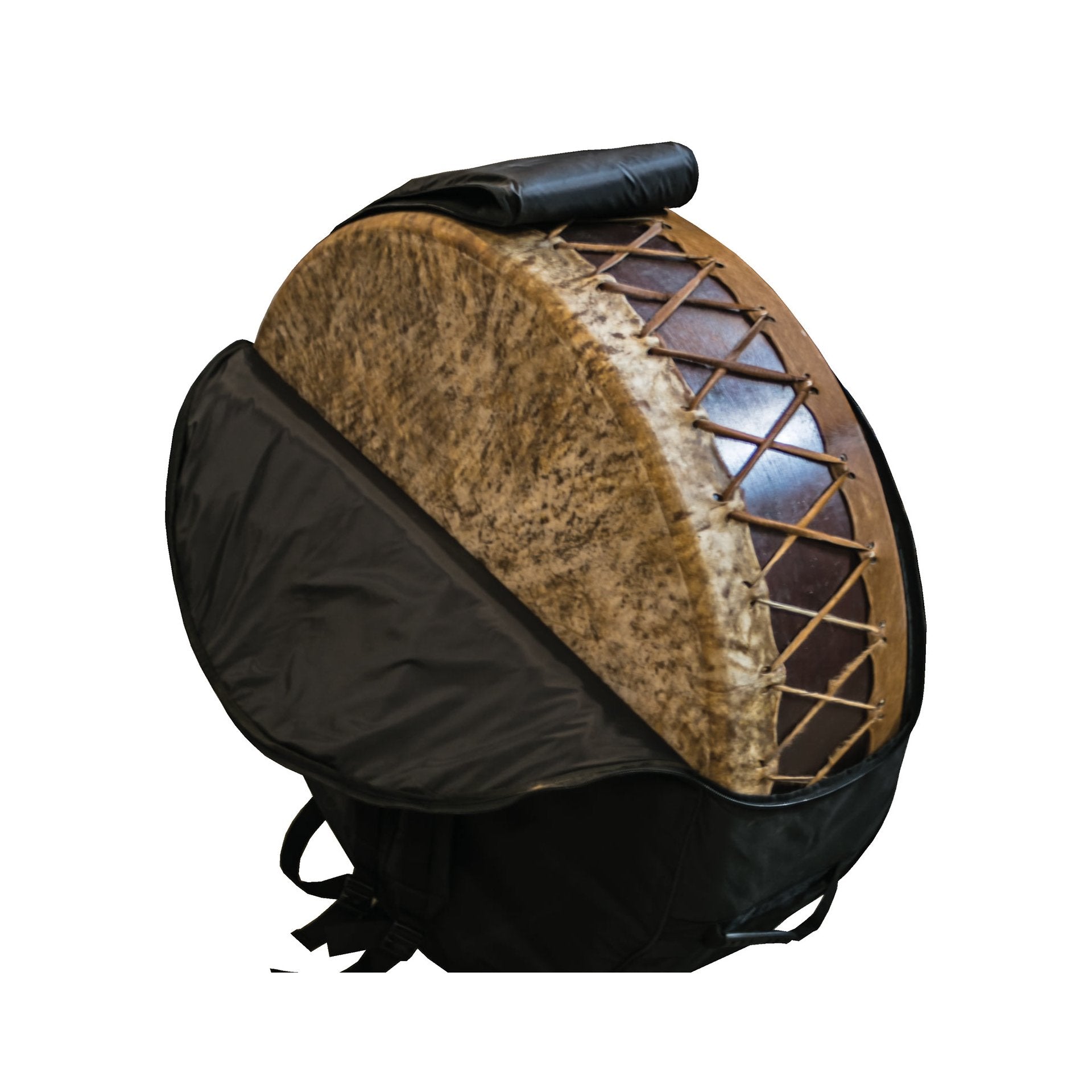 Mother Drum 100 cm partially inside a black carrying case, showing rope-laced drumhead and leather case