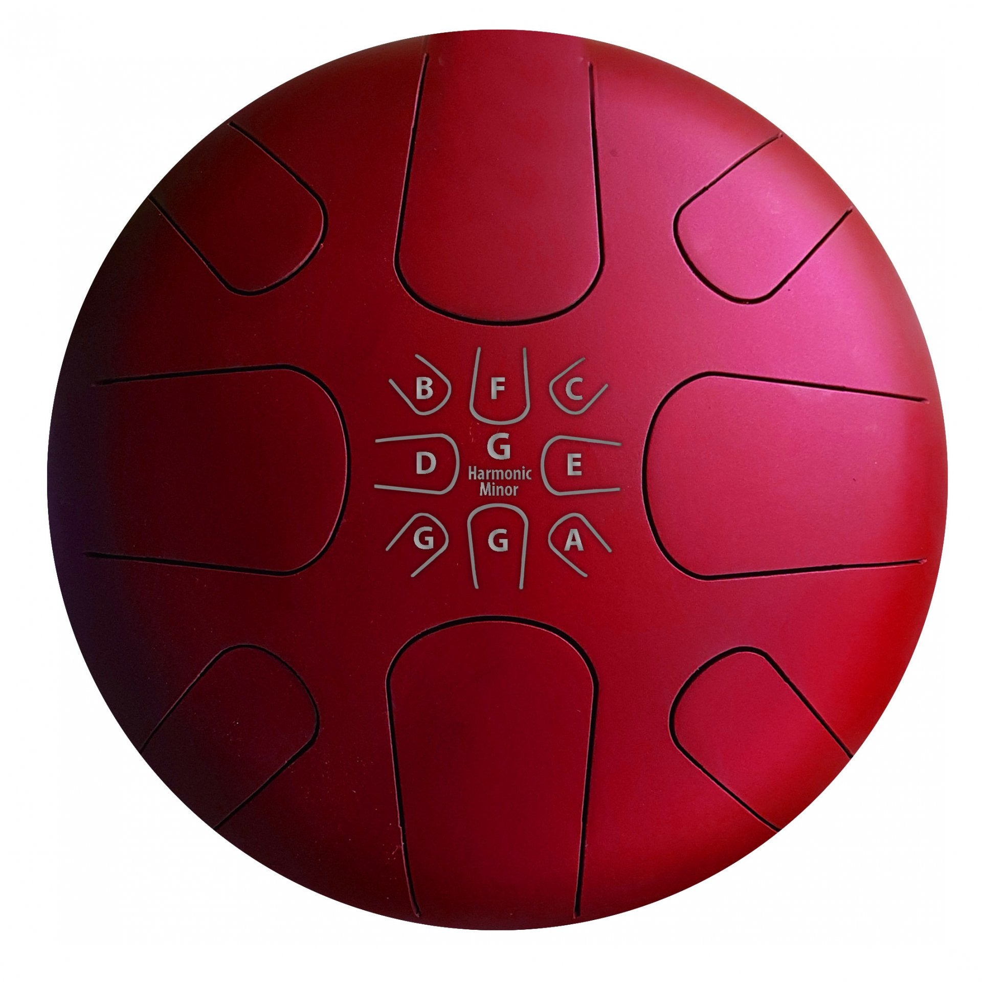 Red steel tongue drum tuned to the G Harmonic Moll scale with note labels on top