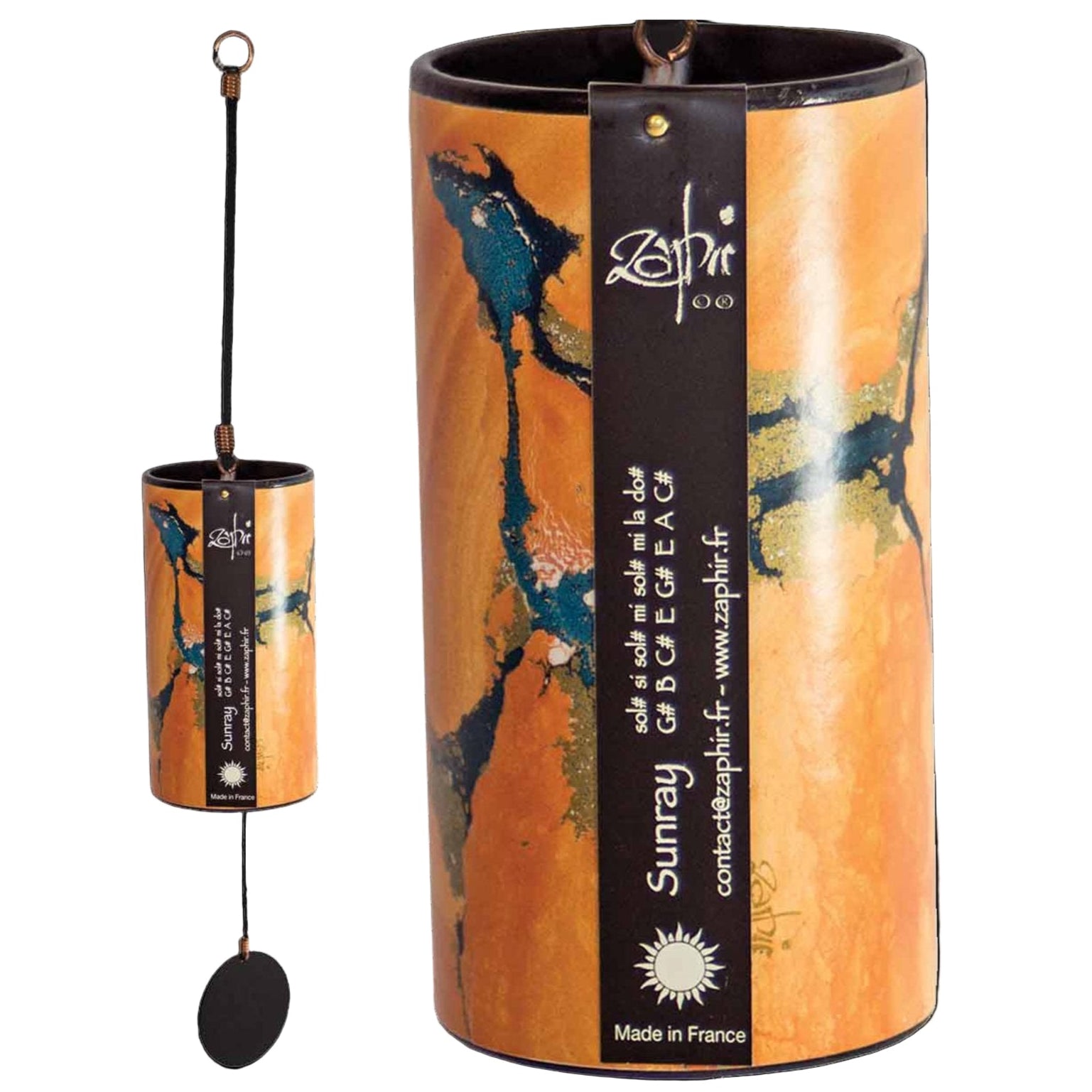 Zaphir Sunray wind chime with orange and blue marbled cylinder, metal rods and hanging clapper on a cord